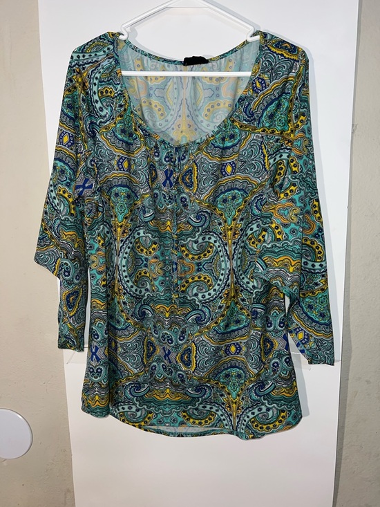 Tacera Tops - Tacera Teal and Yellow Paisley Scoop-Neck Tunic
